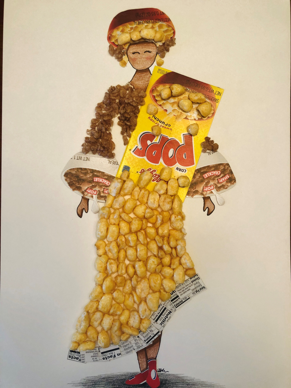 A costume rendering created out of cereal and cereal packaging by Camille Dedman for Brenda Van der Wiel&#039;s Costume Design 1 class. 